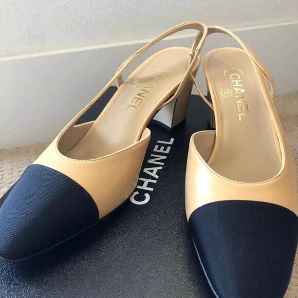 Chanel Beige/Black Goatskin Cap Toe Slingback Pumps - Picture 2 of 7